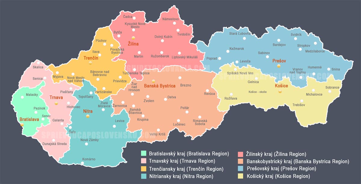 Hustota obyvateľstva - kraje - Slovensko - Mapa